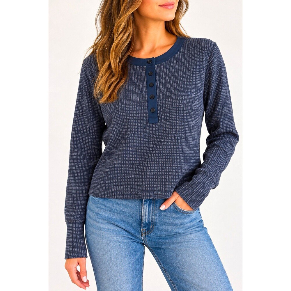 Edikted Womens S Waffle Knit Henley Top Navy Blue Y2K Cropped Fitted Long Sleeve
